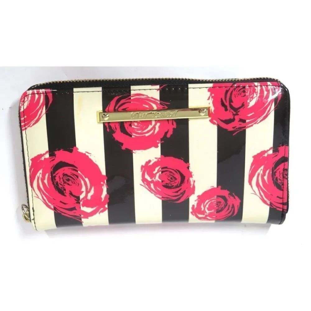 Betsey Johnson Patent Pink Rose Wallet Clutch Black Striped Zip Around 4.5 X 8